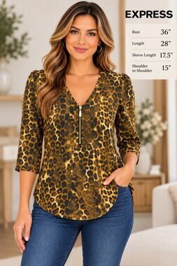 Express Leopard Print Zip Front V-Neck 3/4 Sleeve Chiffon Blouse Womens S